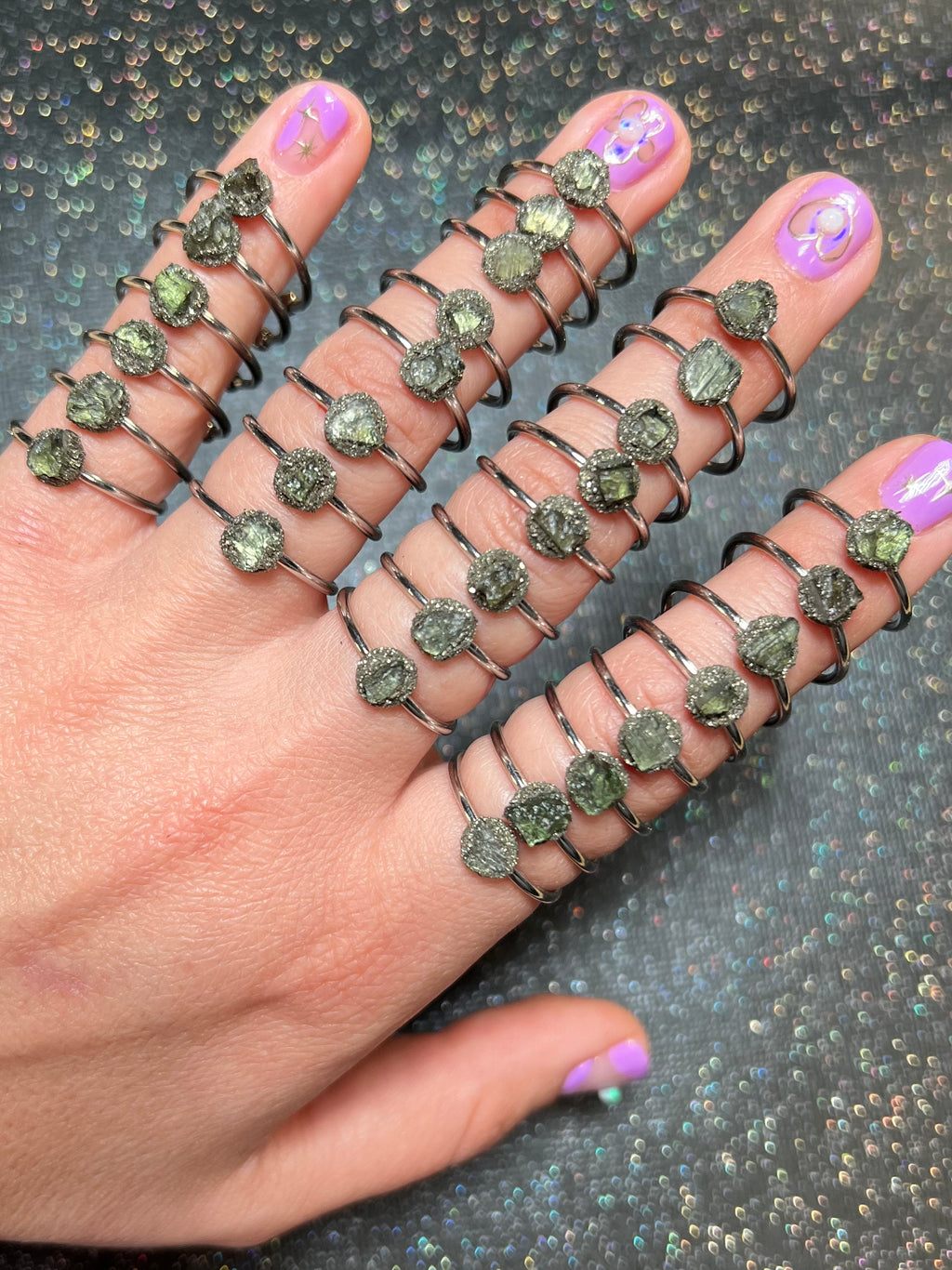 ✨BB Moldavite & pyrite rings - thin bands✨1/26